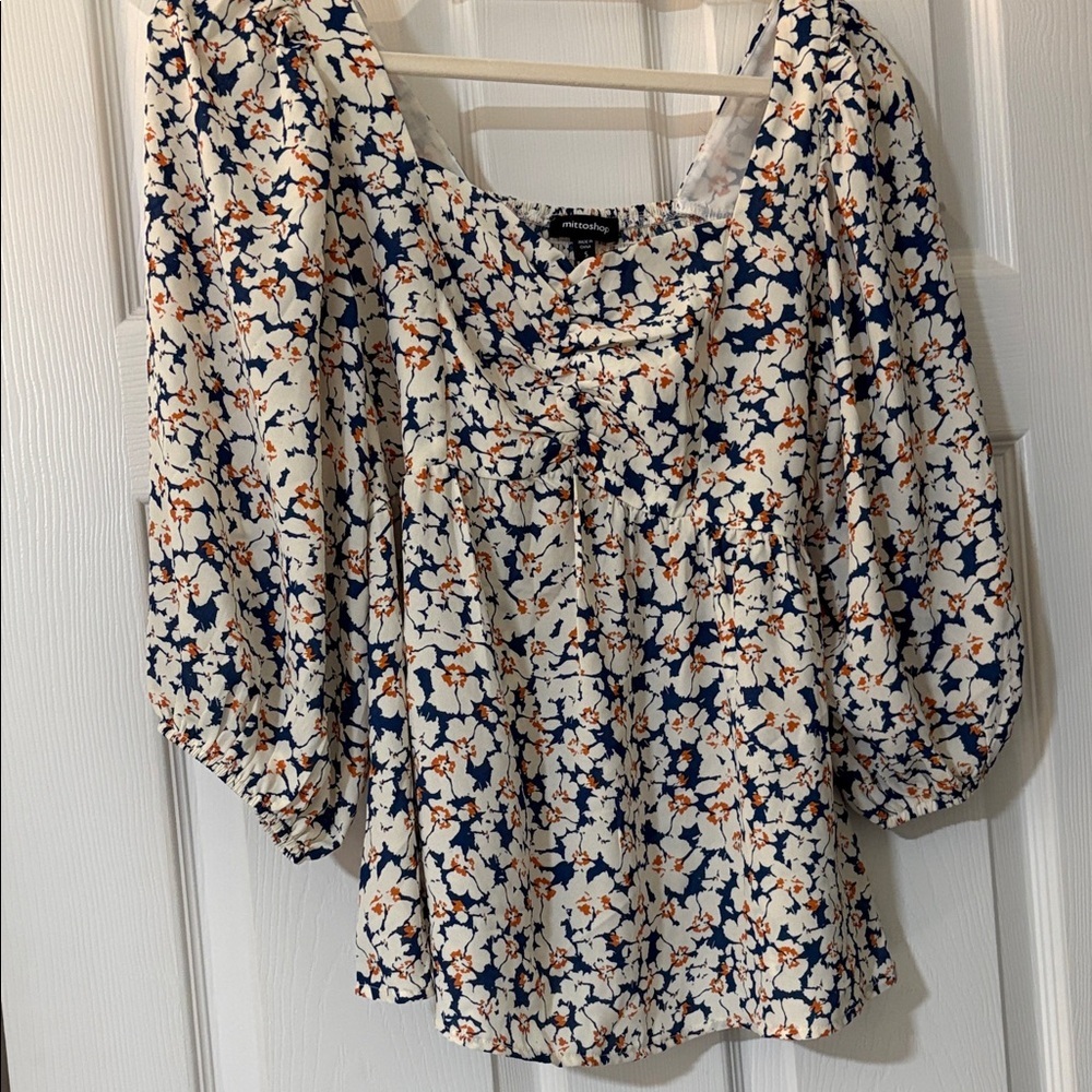 Mittoshop Navy and Orange Floral Blouse small
